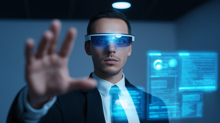 Man using augmented reality smart glasses interacting with a transparent digital interface.