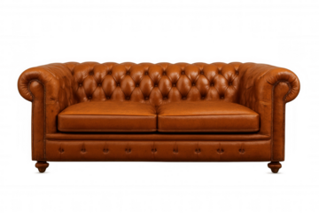 Classic brown leather chesterfield sofa isolated on transparent background, perfect for interior design projects