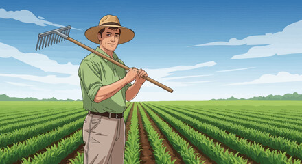 An illustration of a smiling farmer with a rake in a flourishing crop field