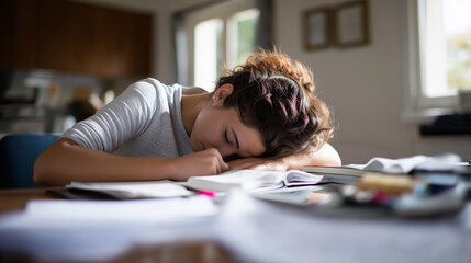 Fototapeta premium Tired student asleep on an open book at a desk, showing exhaustion and study fatigue.