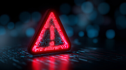 Red digital warning symbol displayed on a futuristic screen, indicating a cybersecurity threat or system error.