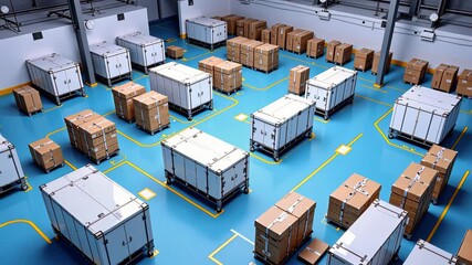 Warehouse Organization and Logistics Featuring Shipping Containers and Cardboard Boxes on a Blue Floor with Efficient Storage Arrangement - Powered by Adobe