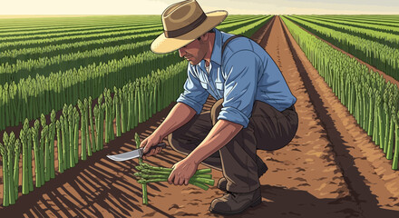 Asparagus farmer harvesting fresh produce in field during daytime