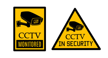 CCTV security sign illustration with camera icons in yellow background. This warning symbol is used for safety, surveillance, and monitoring areas. Perfect for websites, posters, apps, presentations, 