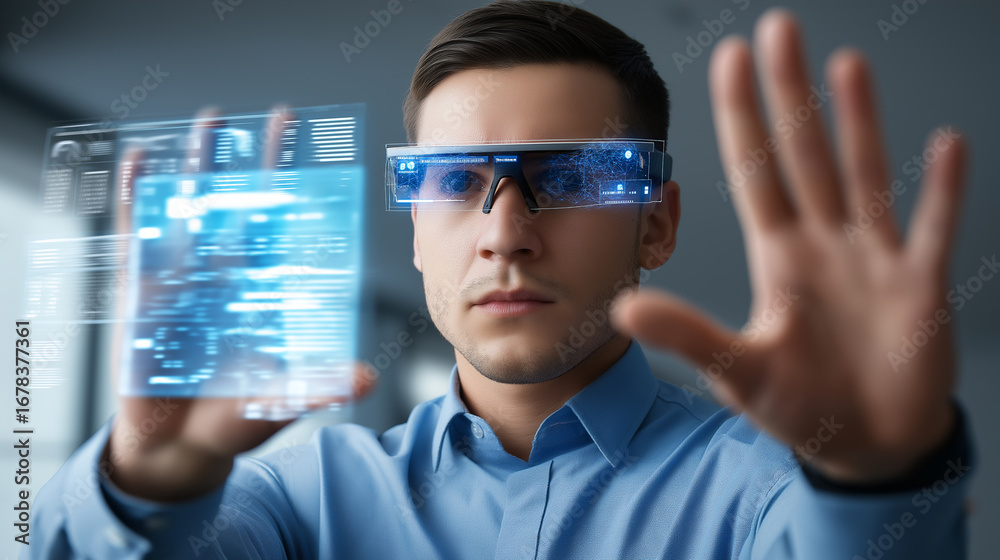 Wall mural man using augmented reality smart glasses interacting with a transparent digital interface.