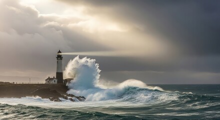 Dramatic Seascape with Lighthouse and Crashing Waves at Point Arena, California