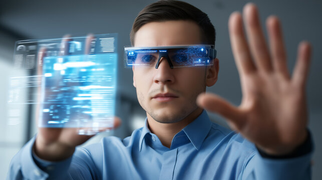 Man using augmented reality smart glasses interacting with a transparent digital interface. - Powered by Adobe