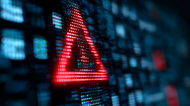 Red digital warning symbol displayed on a futuristic screen, indicating a cybersecurity threat or system error.