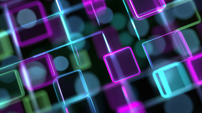 Colorful glowing neon squares and lines forming a digital abstract background. - Powered by Adobe