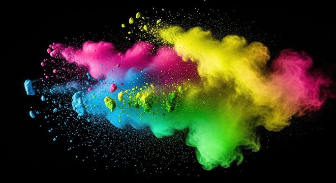 Explosion of vibrant powder paints, abstract splash of color against black background, color burst