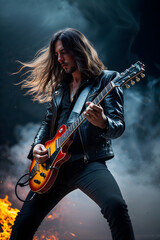 Fototapeta premium Rock guitarist in leather jacket and long hair playing his instrument on the stage with smoke and fire generative AI
