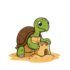 A happy cartoon turtle builds a simple sandcastle on a sunny patch of sand, blending beach fun with charming, childlike creativity.