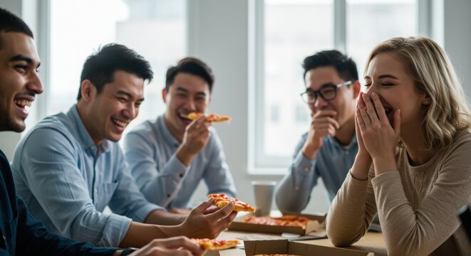 Diverse colleagues enjoying pizza and laughing together during a break at work - Powered by Adobe