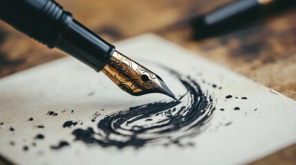 Golden fountain pen tip creating ink splatter on aged paper, blurred writing instruments in the background