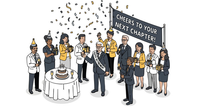 Celebrating a new chapter: A professional retirement party filled with joy and goodwill among colleagues and champagne cheers