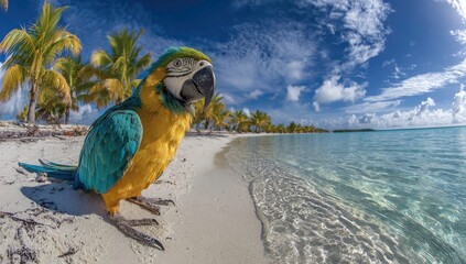 Obraz premium Colorful parrot on a tropical beach with palm trees and clear water