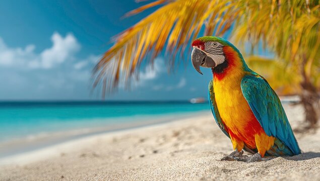 Colorful parrot sitting on a tropical beach under a palm tree