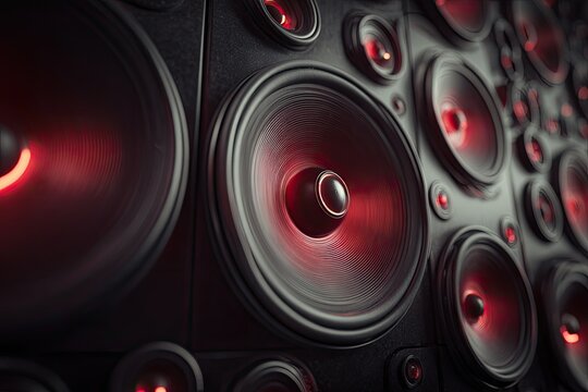 Close-up of many speakers with red glow