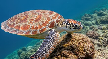 Obraz premium Graceful Green Sea Turtle Resting on Coral Reef in Tropical Blue Ocean