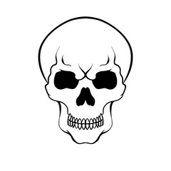 A black and white line drawing of a human skull with dark eye sockets and a full set of teeth.