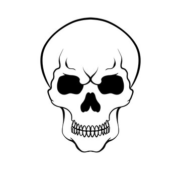 A black and white line drawing of a human skull with dark eye sockets and a full set of teeth.