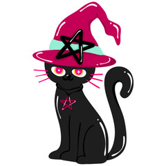 Pink Black Witch Cat Illustration, Cute Magical Black Cat with Hat Clipart, Kawaii Halloween Kitty Art, Hand Drawn Whimsical Spooky Element PNG