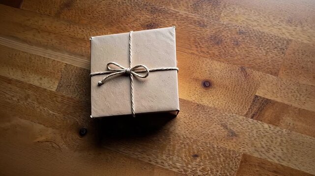 Crafted Brown Paper Gift Box Tied with Rustic Twine on Wooden Surface for Special Occasions and Celebrations