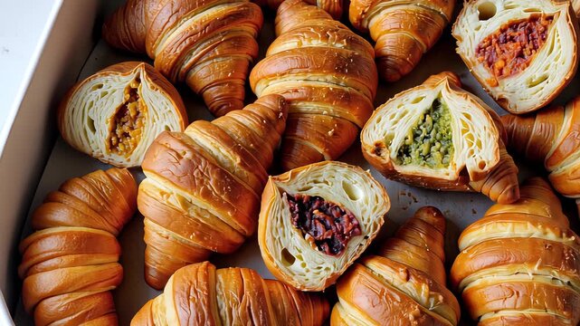 Freshly Baked Croissants Stuffed with Diverse Savory and Sweet Fillings Showcasing a Variety of Textures and Flavors in Golden Pastry Shells