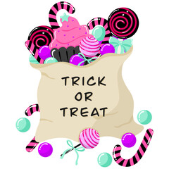 Trick or Treat Candy Bag Illustration, Pink Black Halloween Sweets Clipart, Cute Kawaii Candy Collection, Hand Drawn Whimsical Holiday Element PNG
