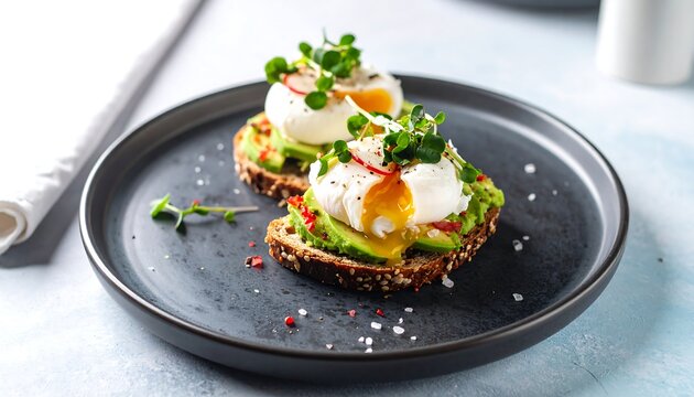 Avocado toast topped with poached eggs and radish sprouts - Powered by Adobe