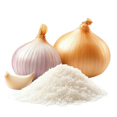 Garlic onion and garlic powder on black background