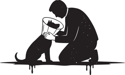Man comforting injured dog with cone, minimal black and white il