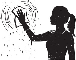 Silhouetted woman cleaning window with rag, abstract cleaning mo