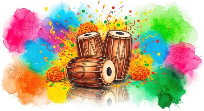Traditional indian dholak drums with paint splash isolated on white background