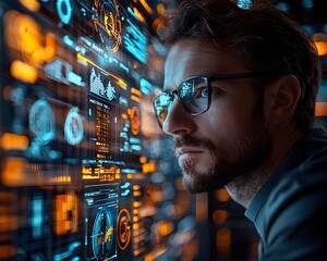 Professional man in glasses intently analyzes complex business and financial data on a vibrant futuristic digital screen for risk assessment