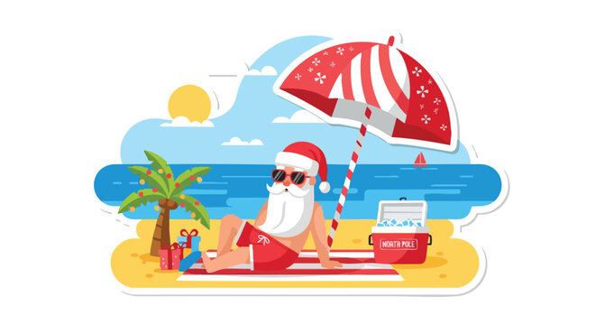 Santa Claus vacationing on a tropical beach enjoying the warm weather and festive season away from the cold North Pole