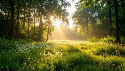 Obraz premium Minimalist Greeting Card Template with Tranquil Forest Clearing, Subtle Floral Borders, and Gentle Morning Light 