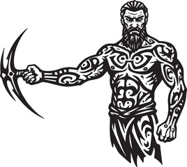 Fototapeta premium Tribal warrior wielding stylized weapon with intricate tattoo de