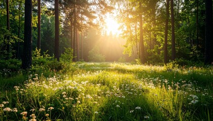Elegant Greeting Card Illustration Featuring a Calm Forest Clearing with Soft Morning Light and Floral Accents
