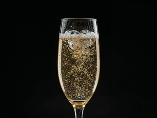 Champagne flute with golden bubbly liquid sparkling wine