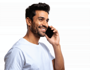 Smiling Man Talking on Mobile Phone, Side View, Isolated on Transparent Background PNG 