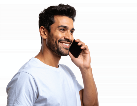 Smiling Man Talking on Mobile Phone, Side View, Isolated on Transparent Background PNG