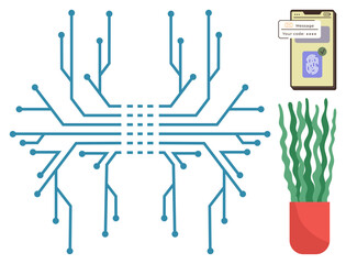 Abstract wiring design resembling tree branches, smartphone with fingerprint scan, red potted plant. Ideal for technology, security, nature, innovation, digital connectivity, eco-tech minimalism