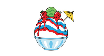 Illustrative snow cone with strawberry topping and miniature umbrella offers a playful visual treat for digital designs, enhancing any composition