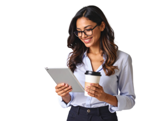 Modern Woman Café Business Owner Using Tablet with Coffee Cup Beside, Isolated PNG