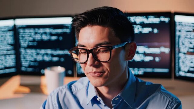 Smiling programmer working at multiple screens in a modern office setting during evening hours