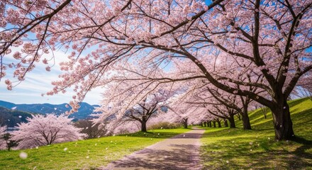 Obraz premium Stunning Cherry Blossom Tunnel with Blossoming Trees and Blue Sky in Spring