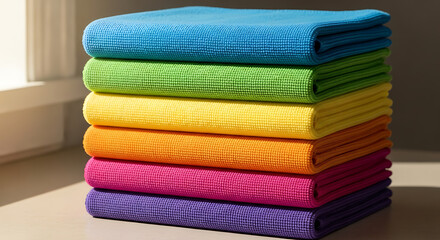Vibrant stack of colorful microfiber cloths ready for cleaning and organizing tasks