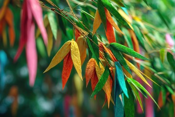 overhead view of bamboo tree with colorful origami decorations for Tanabata, vibrant red, yellow, green streamers, soft focus background, no text, no hands, flat lay composition.