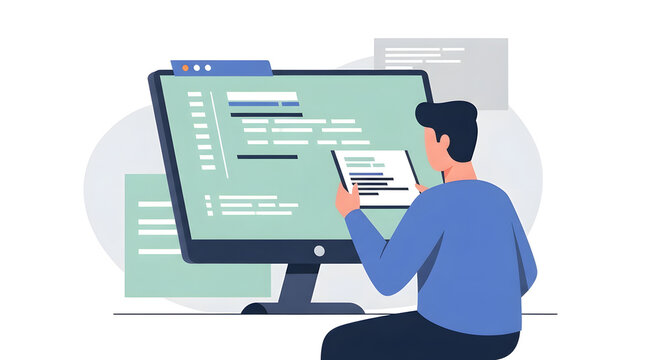 Vector illustration of a software engineer engrossed in writing script on multiple screens for web and mobile application development